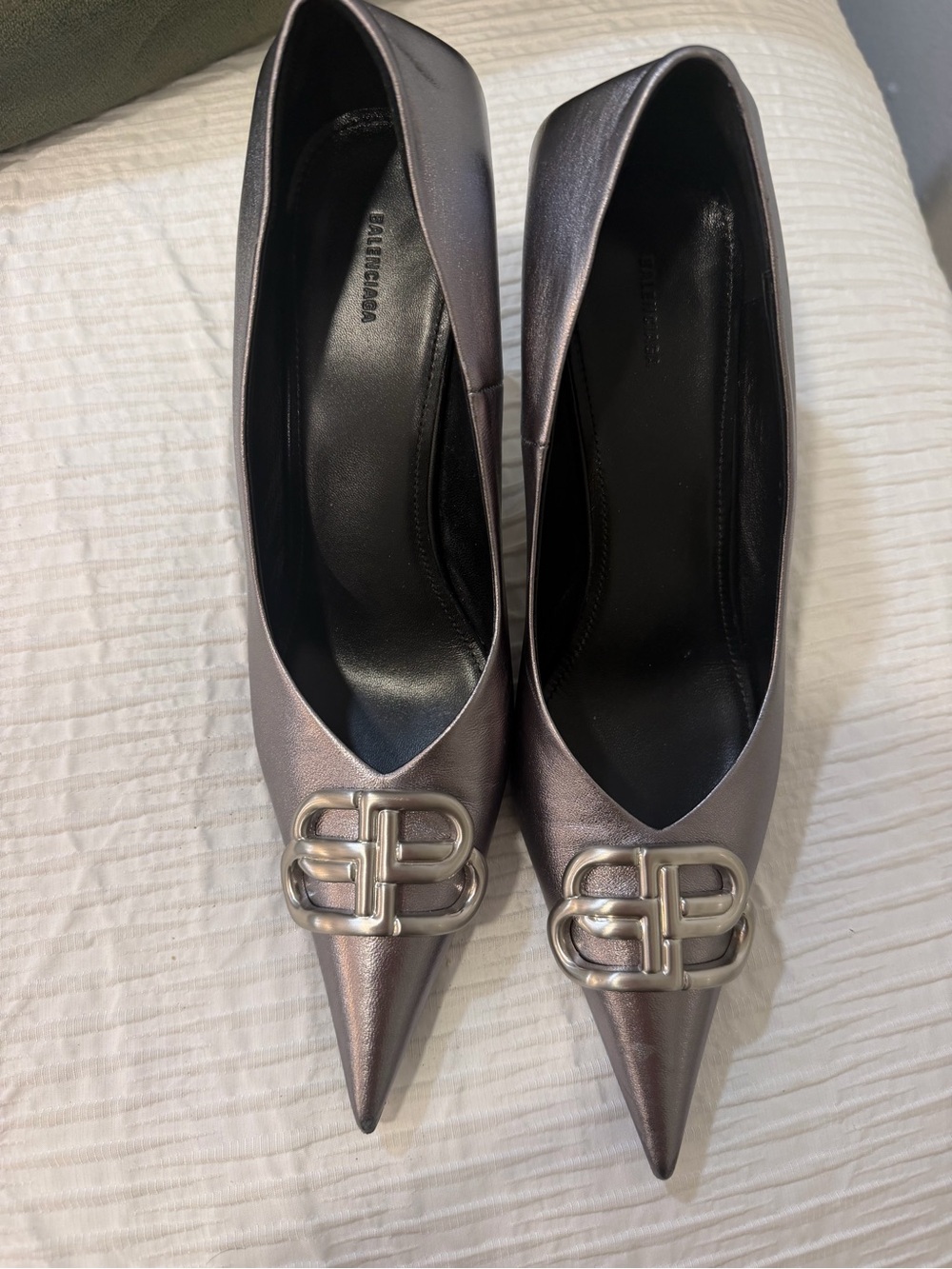 Balenciaga Metallic Gunmetal Pointed-Toe Pumps with BB Logo